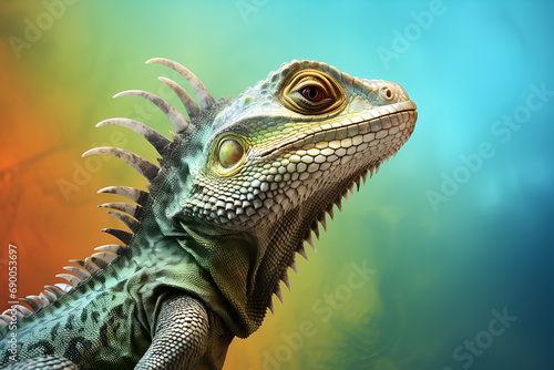   lose up view of cute colorful exotic lizard on colorful background  