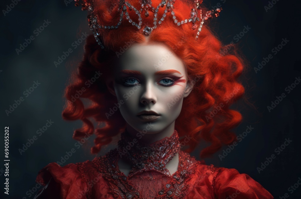 Red queen portrait. Royal female with bright red hair and fairy makeup. Generate ai