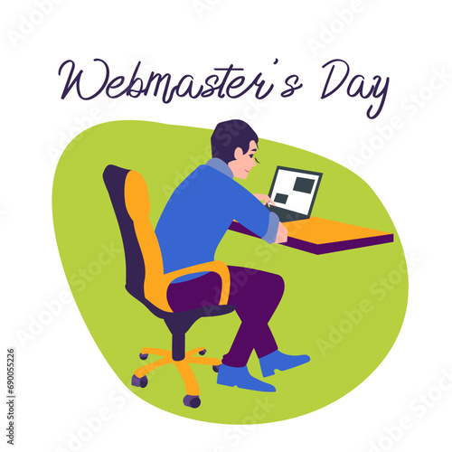 International day of webmasters. The programmer is sitting at the computer. Vector illustration on the topic of design, programming, and freelancing