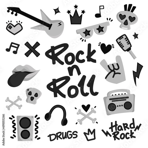 Rock n roll, punk music doodle set. Graffiti, tattoo hand drawn sticker, text, skull, heart, skate, gesture hand. Grunge rock vector illustration.