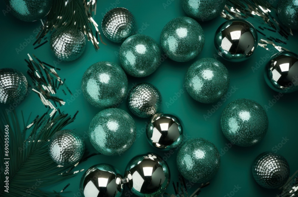 Silver balls on green background. Celebration bright shiny festive holiday spheres. Generate ai