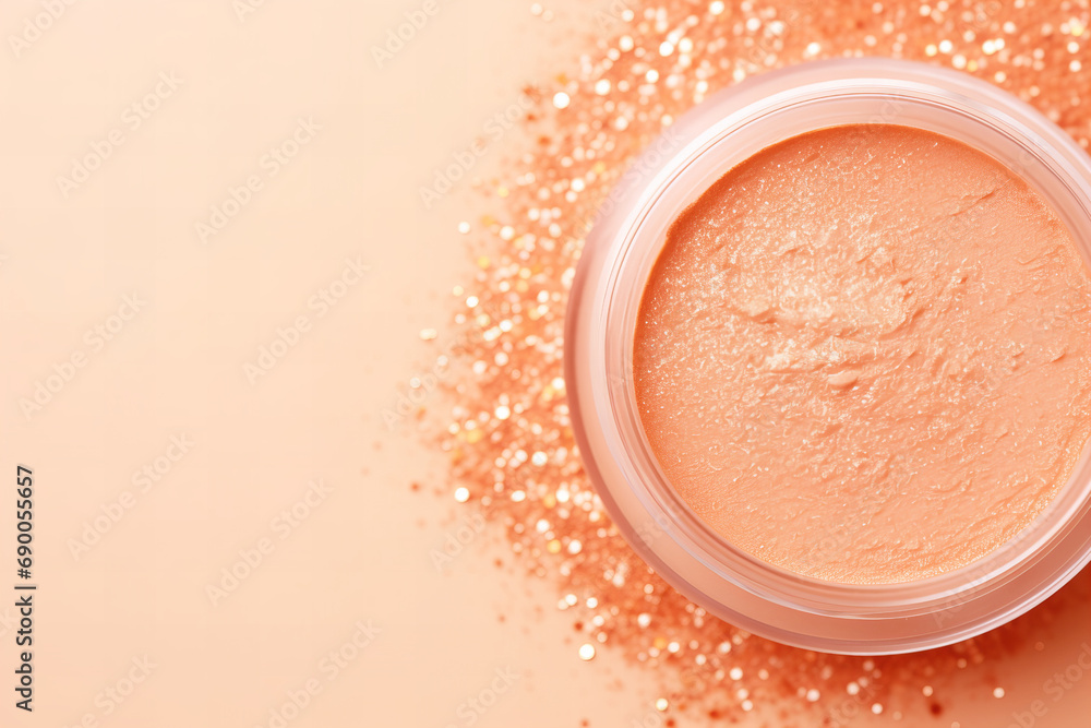 beautiful shiny face blush in color of the year 2024 peach fuzz color flat lay on a pastel peach background beautiful shiny face blush in color of the year 2024 peach fuzz color flat lay on a pastel peach background
