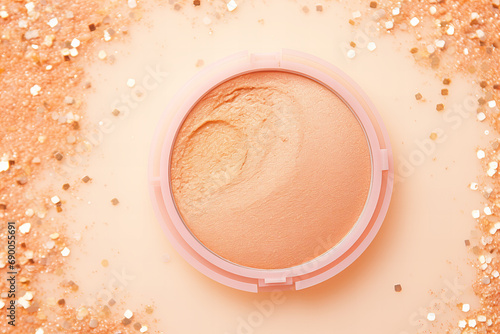 beautiful shiny face blush in color of the year 2024 peach fuzz color flat lay on a pastel peach background