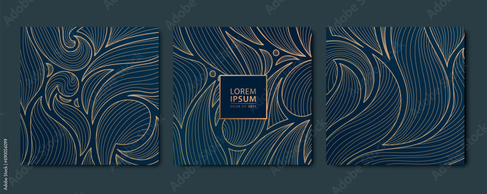 Vector set of art deco abstract luxury golden square cards, post templates for social net, leaves botanical modern, art deco wallpaper backgrounds. Floral line patterns. - obrazy, fototapety, plakaty 