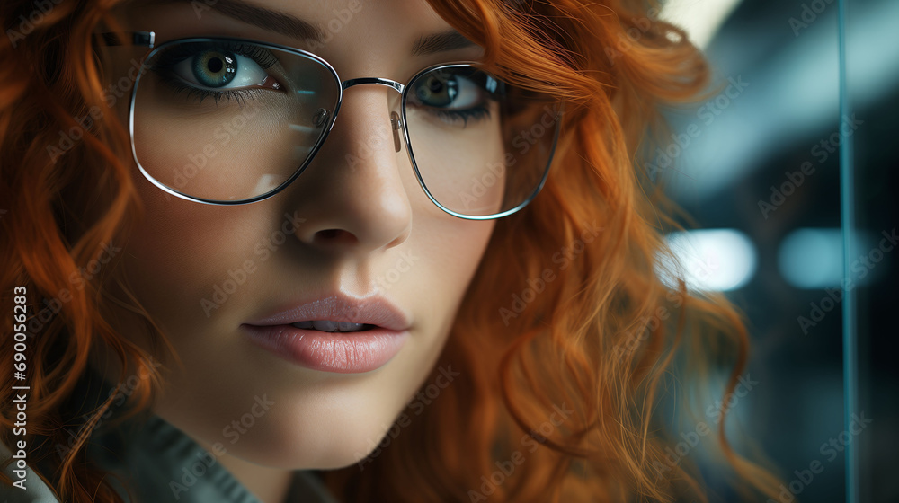 Fototapeta premium Portrait of Beautiful young woman with glasses in optician, eyesight health concept, choice of eyewear, optician medical shop, Selective focus