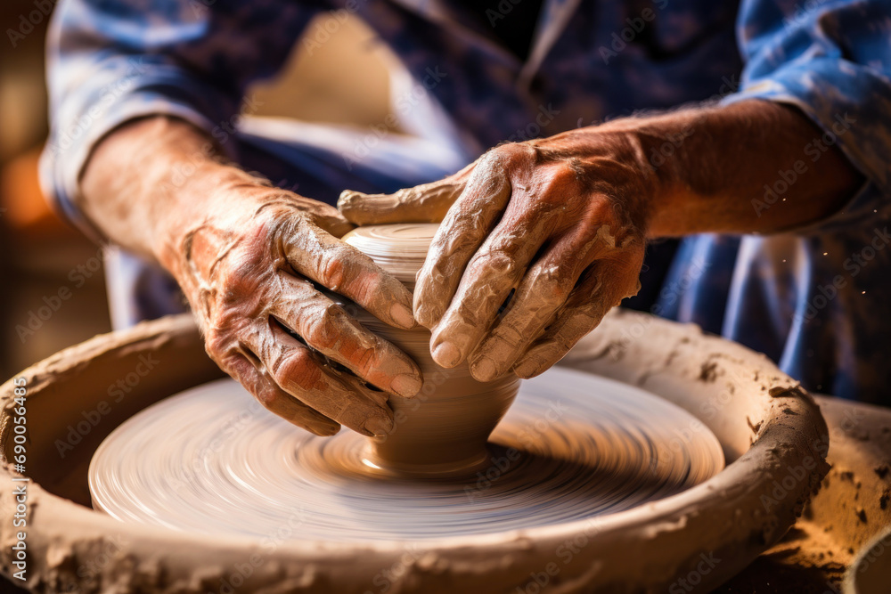 A male potter's hands covered in clay, skillfully shaping a clay bowl on a pottery wheel. A male potter's hands covered in clay, skillfully shaping a clay bowl on a pottery wheel.