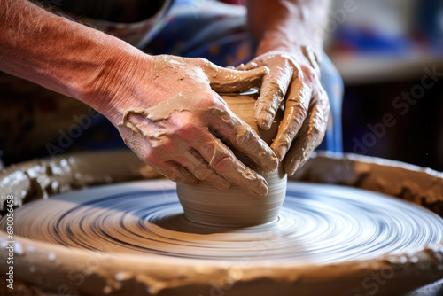 A potter's hands covered in clay, skillfully shaping a clay bowl on a pottery wheel.