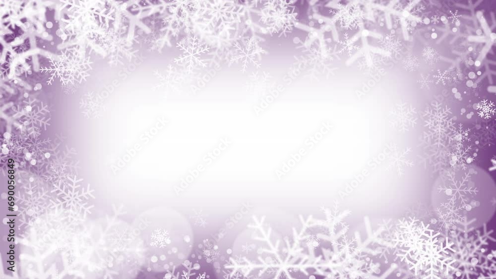 Gradient mixed purple winter background with white snowflake border. Copy space. Looped motion graphic. Gradient mixed purple winter background with white snowflake border. Copy space. Looped motion graphic.