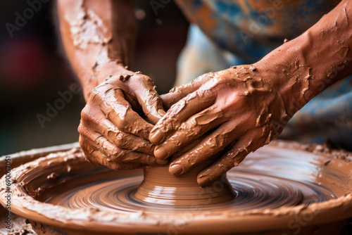 Old man potter's hands covered in clay, skillfully shaping a clay bowl 