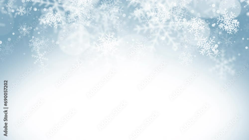 Winter blue background with snowflakes and circle bokeh particle. Copy space. Loop motion graphic. Winter blue background with snowflakes and circle bokeh particle. Copy space. Loop motion graphic.
