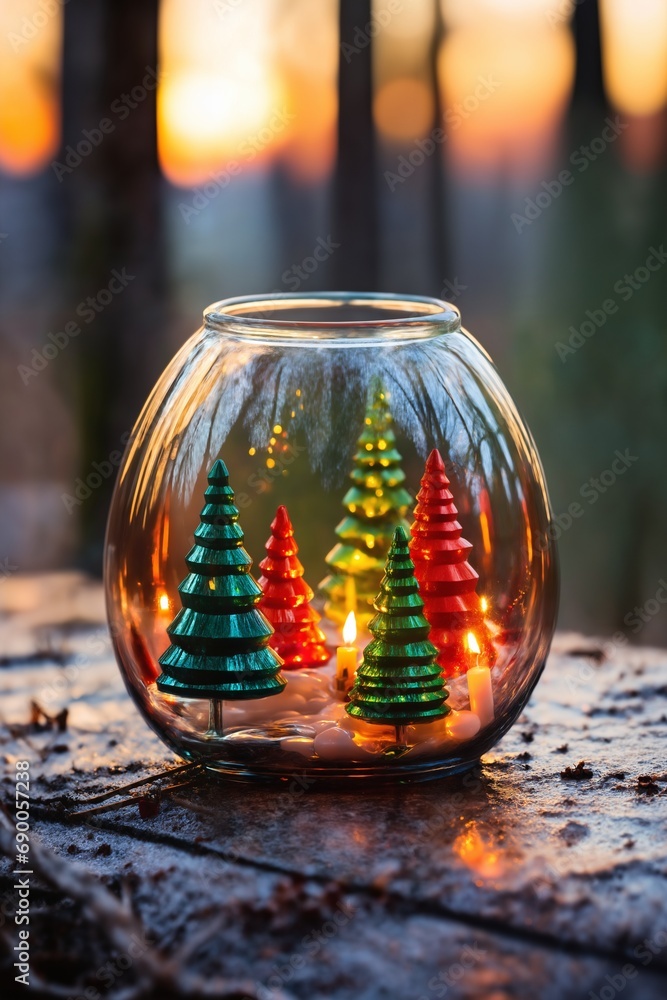 a glass toy with tiny Christmas trees inside as decoration for New Year holidays, forest, winter season a glass toy with tiny Christmas trees inside as decoration for New Year holidays, forest, winter season