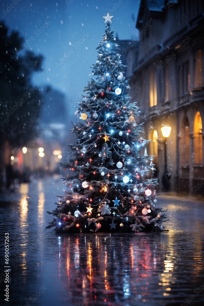 Christmas tree with decoration for New Year's holidays, evening city street, winter season