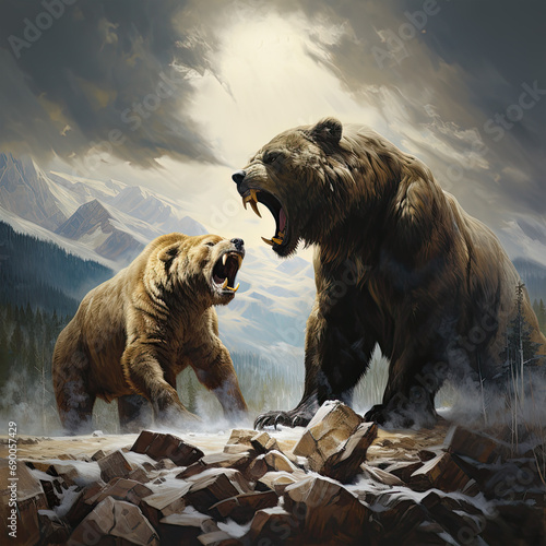 A dramatic encounter between a powerful grizzly bear and a swift, agile mountain lion in a rugged, rocky landscape photo