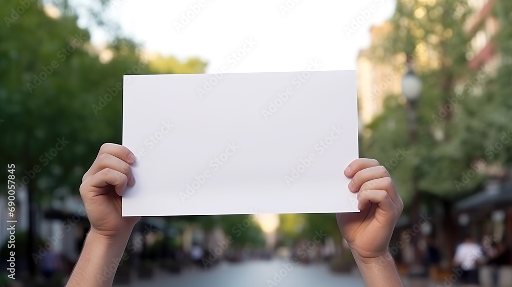 Clear paper sheet in hands on street Clear paper sheet in hands on street