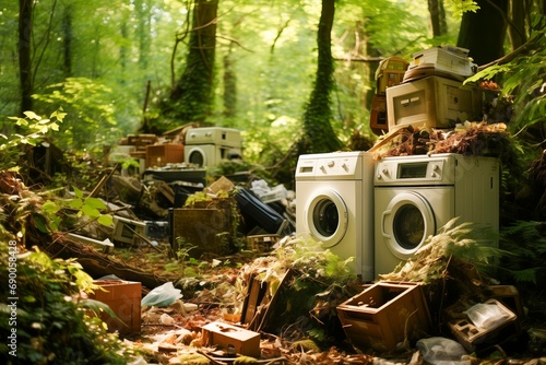 A pile of old broken and outdated white goods dumped in a woodland setting creating environmental damage © robert