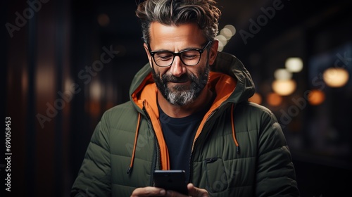 Man smiling and looking in his phone. Happy male looking into smartphone. Man in glasses smiling.