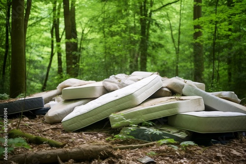 A pile of old broken and outdated bedding and mattress dumped in a woodland setting creating environmental damage