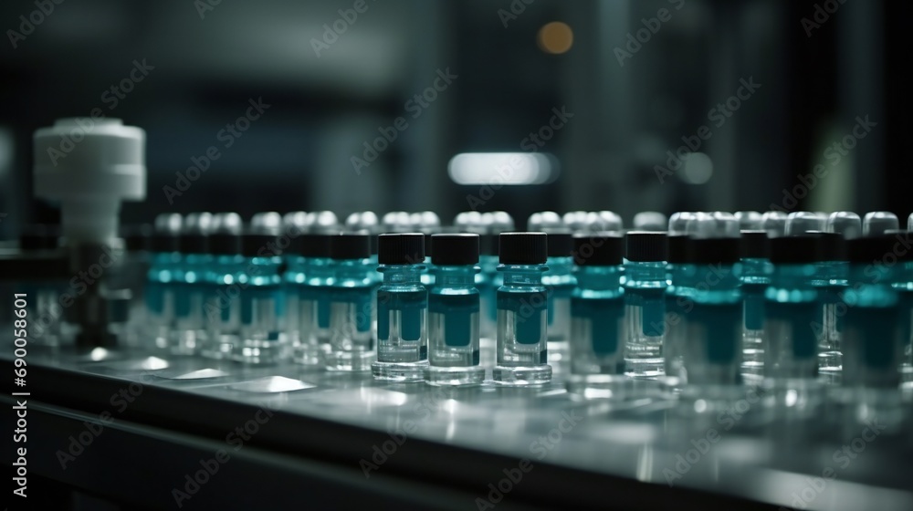 Pharmaceutical factory with conveyor of glass bottles and ampoules. Closeup image of glass ampules.
