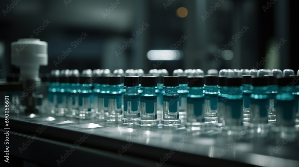 Pharmaceutical factory with conveyor of glass bottles and ampoules. Closeup image of glass ampules. Pharmaceutical factory with conveyor of glass bottles and ampoules. Closeup image of glass ampules.