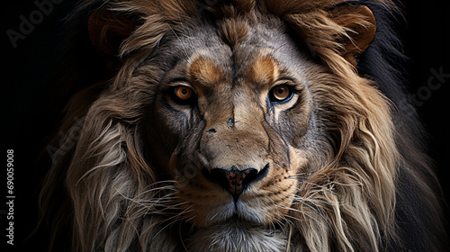 Portrait lion on the black. Detail face lion. Hight quality portrait lion. Portrait. generative ai