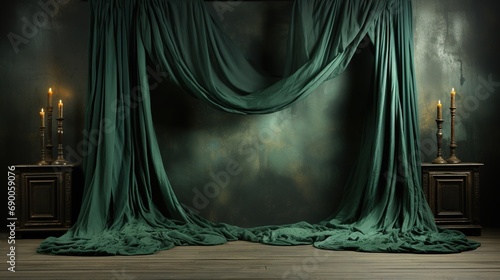 Green wall and curtains with copy space for text. Empty room with green curtains. Empty wall.