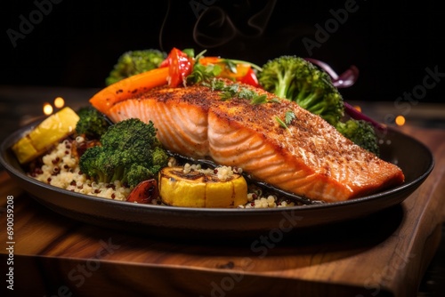 Savory Symphony: Grilled Salmon Delight with Rice, Broccoli, Cheese, Corn, and Tomato Medley © Eanaya