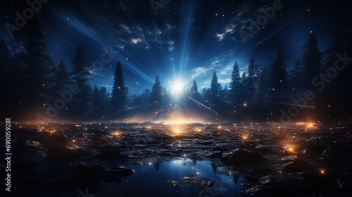 Star explosion in the forest. Forest and night sky view. Lots of stars in the woods.