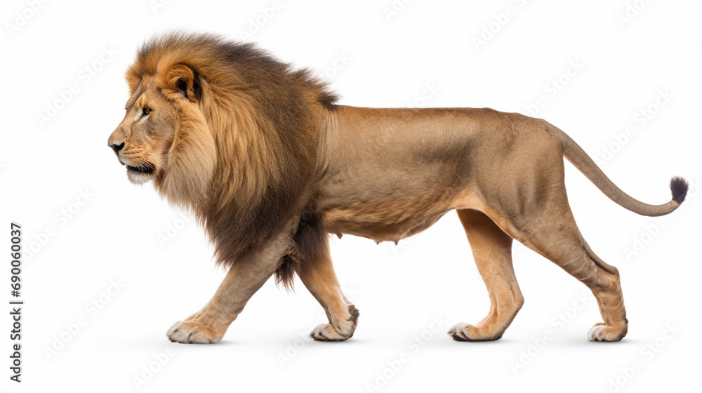 Lion sitting, looking away, Panthera Leo, isolated on white. generative ai