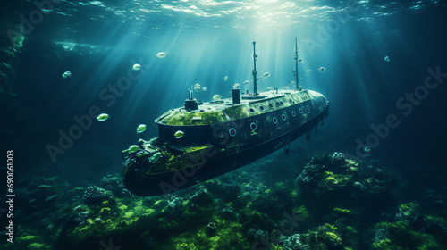 Small metal submarine in murky waters © Tariq