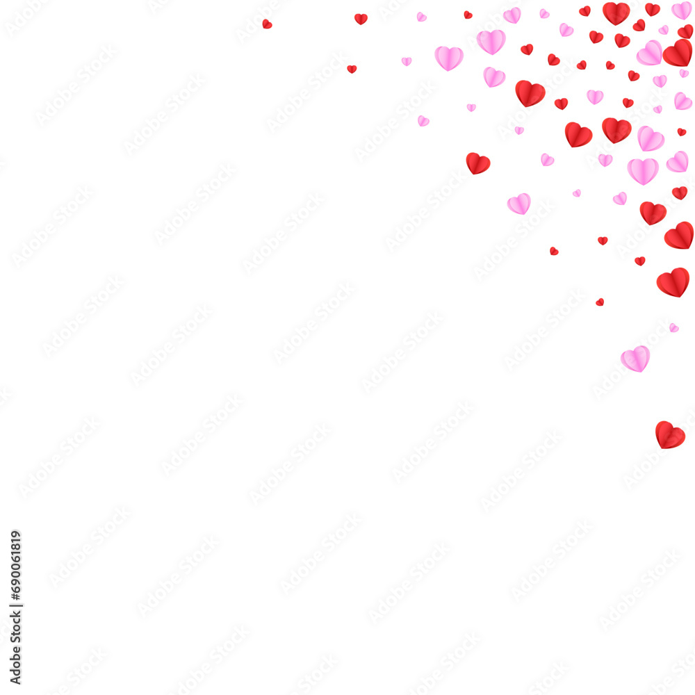 Pink Confetti Background White Vector. Birthday Backdrop Heart. Tender Isolated Frame. Violet Confetti Romance Pattern. Red Falling Illustration.