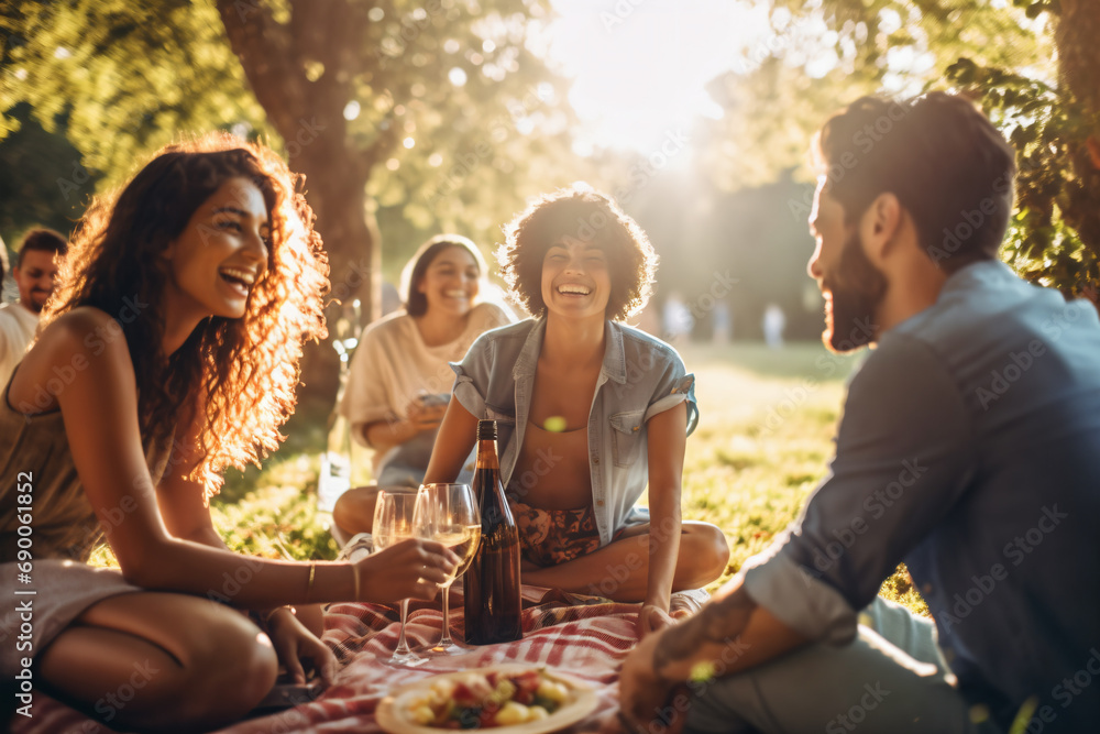 Group of friends having a picnic in the park. They are sitting on the grass and drinking wine. - obrazy, fototapety, plakaty 