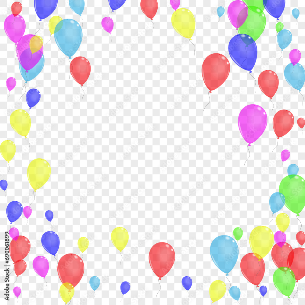 Colorful Balloon Background Transparent Vector. Ballon Happy Template. Yellow Celebrate. Purple Surprise. Confetti Wedding Frame.