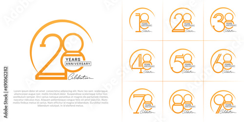 set of anniversary logotype orange and black color with handwriting for special celebration event photo