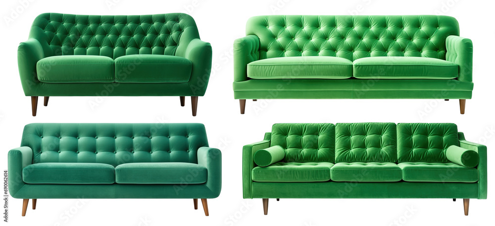 Obraz premium Green sofa isolated on transparent background.