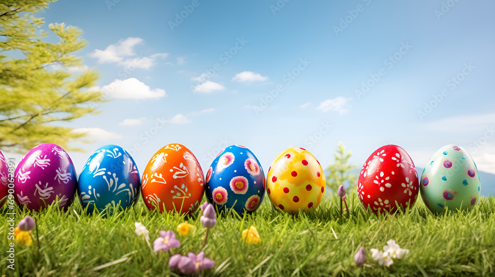 Multicolored Easter eggs lined up in a row on the background of grass. Row of Easter eggs in Fresh Green Grass,Colorful Easter eggs on a lush lawn under a clear sky. Decorated, Generative AI