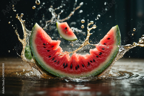 Flying watermelon slice with water splash  Water splashing on Sliced of watermelon