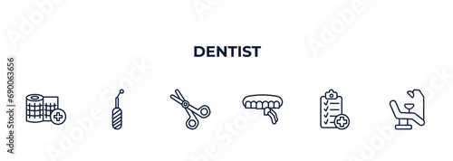 outline icons set from dentist concept. editable vector included gauze, scraping, dentist scissors, dental veneer, health report, dentist chair icons.