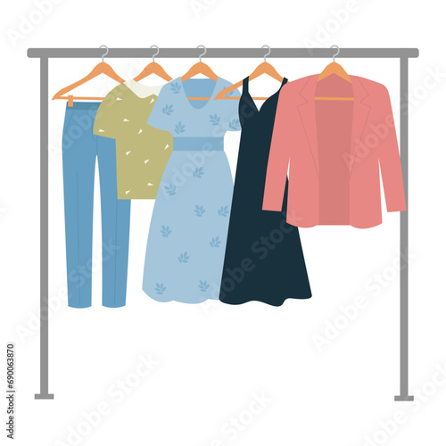 Wardrobe of clothes. Women clothes hanging on hanger rail.Modern apparel, garments row for sale, charity, stock.Vector illustration