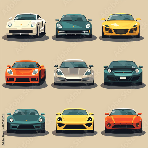 Flat cars set. Taxi and minivan  cabriolet and pickup. Bus and suv  truck. Urban  city cars and vehicles transport vector flat icons. Cabriolet and truck  car and bus  automobile pickup illustration