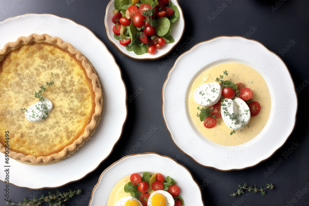 French cuisine. Cottage cheese tart with thyme in a white ceramic baking dish.Creamy soup. Creamy pumpkin pie. Generative AI