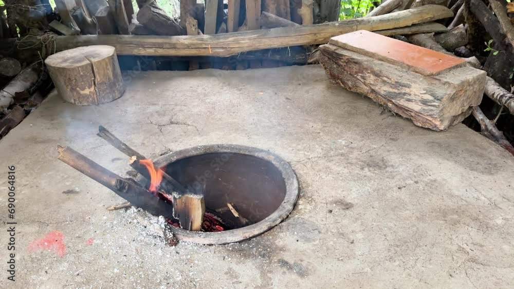 Wood fire clay ground oven in rural area in forest region in mountain countryside prepare to bake flat bread Turkish style Persian food in Iran local people life in backyard outdoor cooking delicious Wood fire clay ground oven in rural area in forest region in mountain countryside prepare to bake flat bread Turkish style Persian food in Iran local people life in backyard outdoor cooking delicious