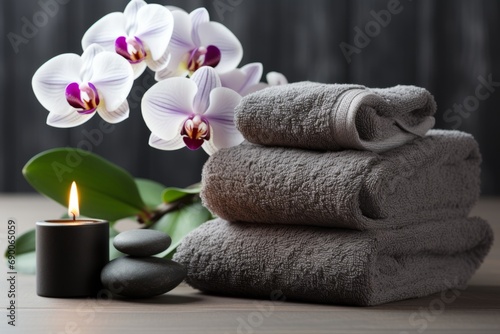 Spa setting with fluffy grey rolled up towels, candles and white orchid flower on the wooden table