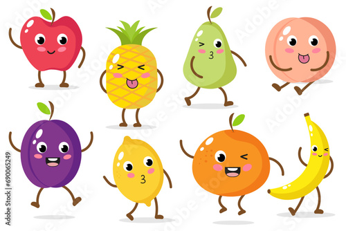 Cute cartoon apple, pineapple, pear, peach, plum, lemon, orange, banana. Set of cartoon fruit characters with emotions. Funny emoticon in flat style with kawaii eyes on white background
