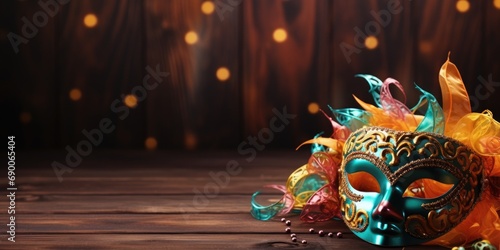 Carnival mask on wooden table with space for text. Carnival concept © Andrey