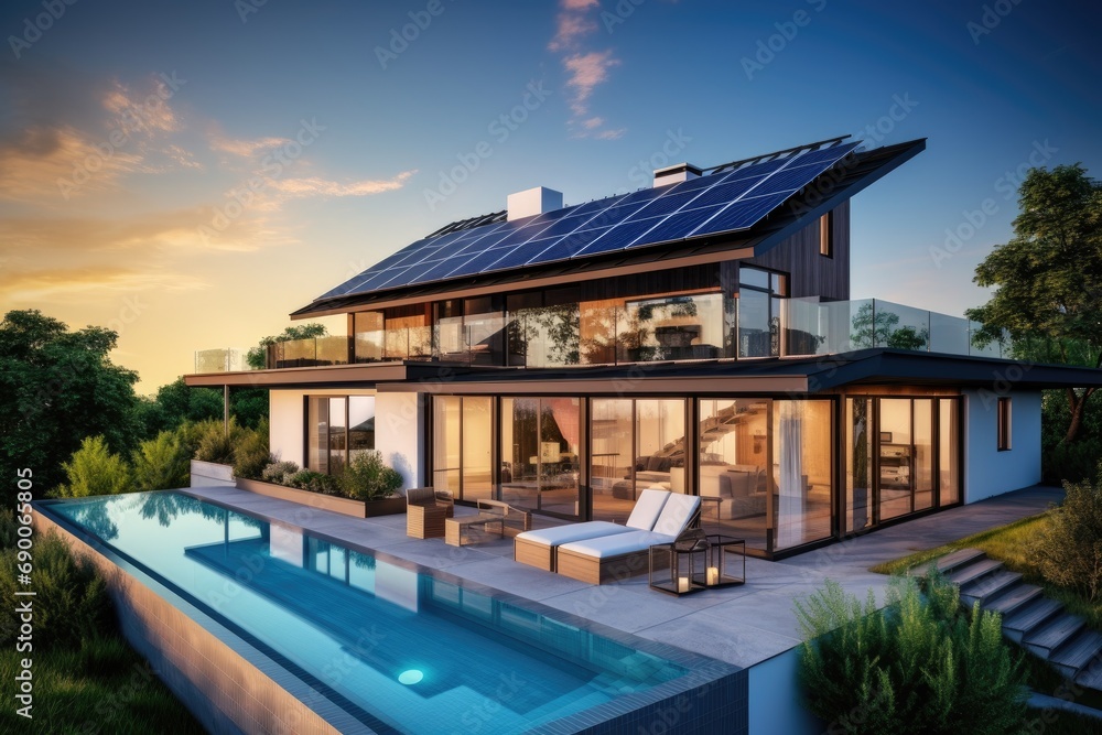 Modern House With Solar Panels And Wall Battery For Energy Storage