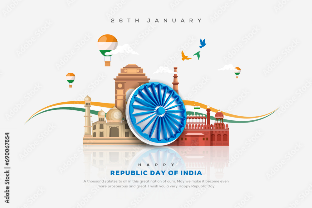 Vector illustration of Famous Indian monuments for 26th January Happy Republic Day of India - obrazy, fototapety, plakaty 