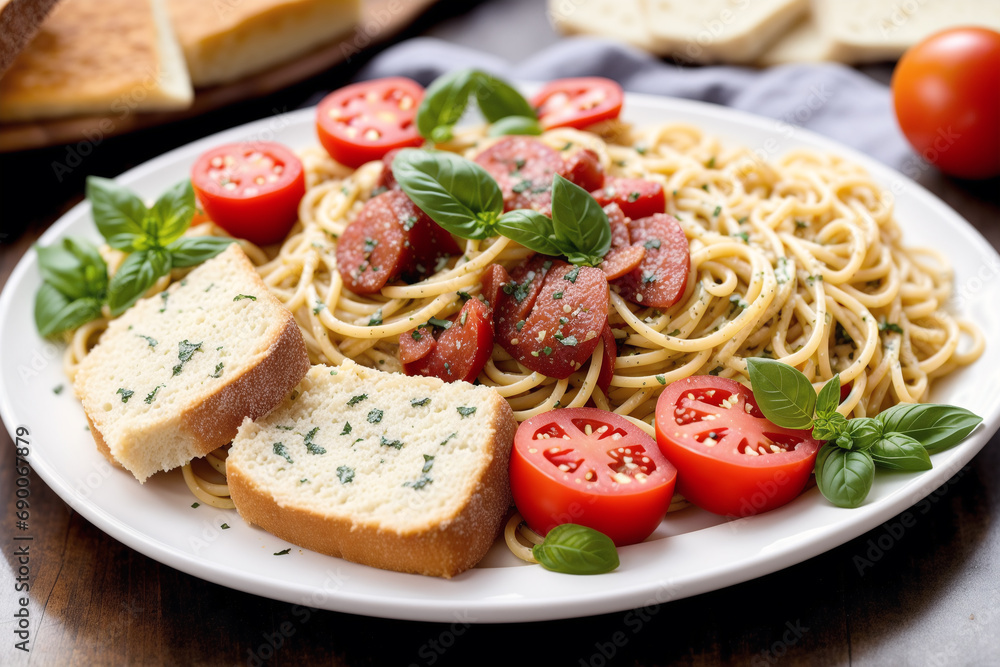 Italian cuisine. Assorted italian appetizers on a plate. Spaghetti with meatballs, tomato sauce and basil. Generative AI