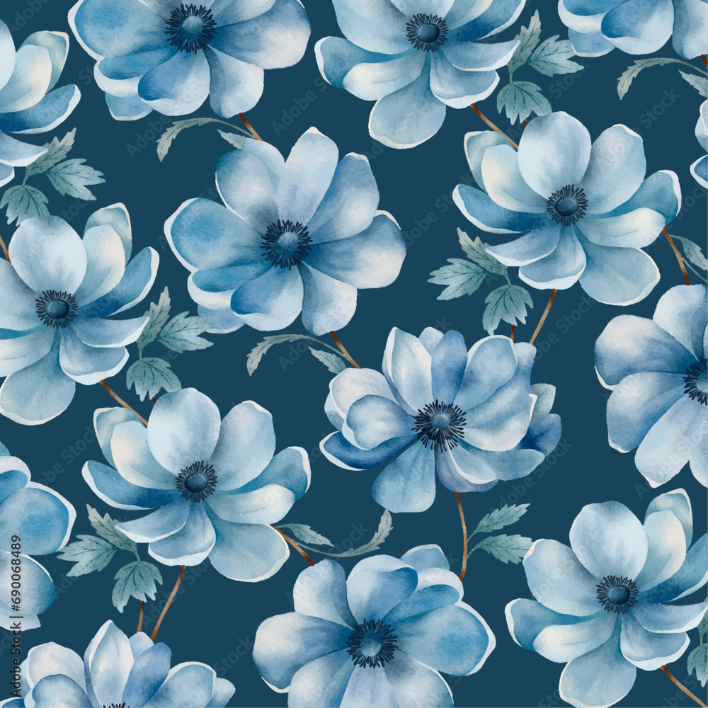 Blue watercolour flowers patter design. Floral wallpaper
