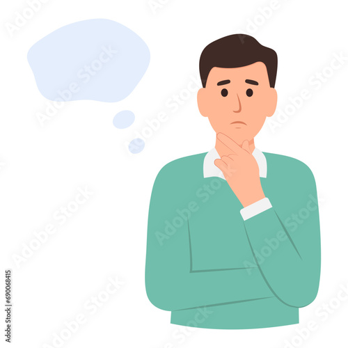 Man with curious or pensive face standing with thought bubble. Concept of thinking, decision, business problem solving, considered gesture. Flat vector illustration.