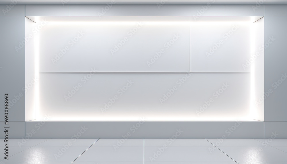 Modern showcase mock-up with minimalist design, elegant white panels, hidden lighting and shadows Modern showcase mock-up with minimalist design, elegant white panels, hidden lighting and shadows
